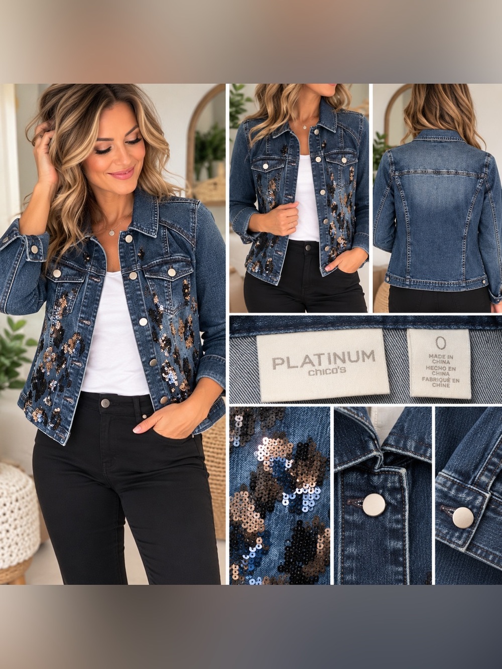 Chico’s Platinum Sequin Embellished Denim Jacket – Size 8. $39